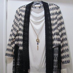 NWT Alfred Dunner Twofer Cardigan w Attached Top & Necklace Navy & Cream